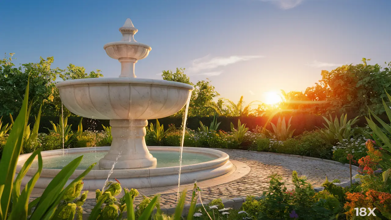 Fonte de mármore branco cercada por plantas verdes e flores coloridas ao pôr do sol.