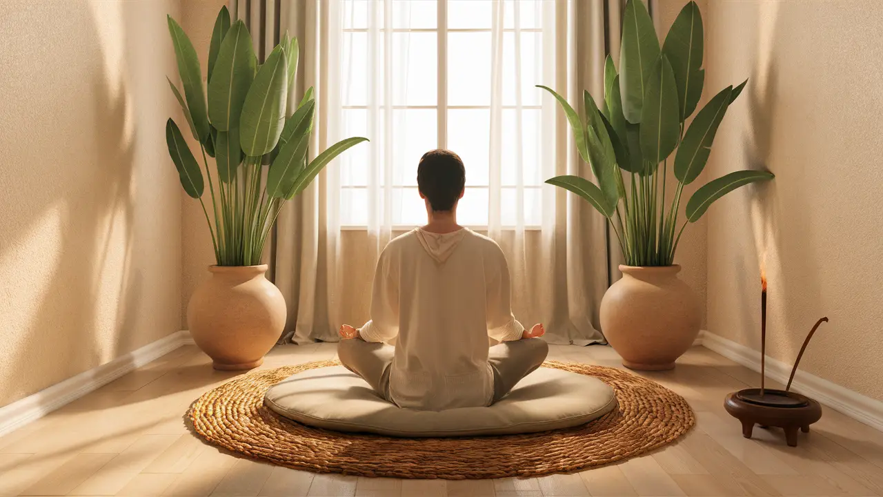 Pessoa meditando em uma sala tranquila com plantas altas em vasos de cerâmica, luz suave entrando pela janela grande.