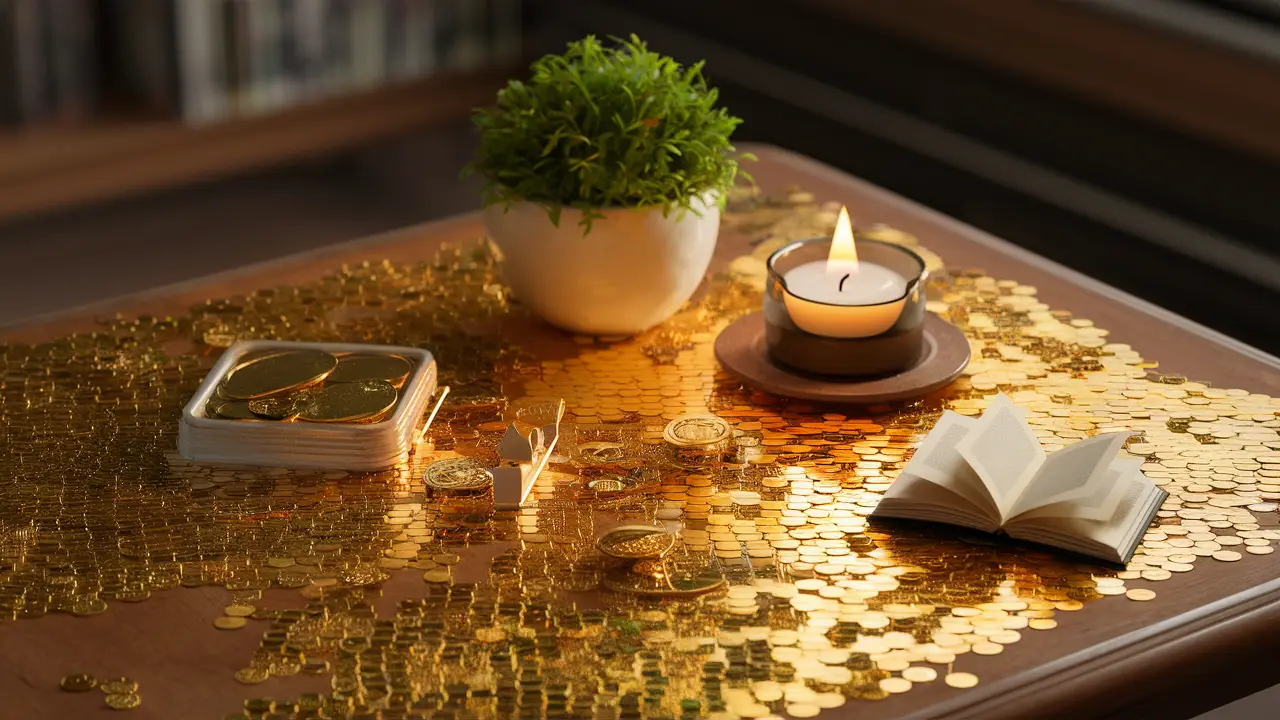 Moedas douradas sobre mesa de madeira ao lado de planta verde, vela acesa e livro aberto.