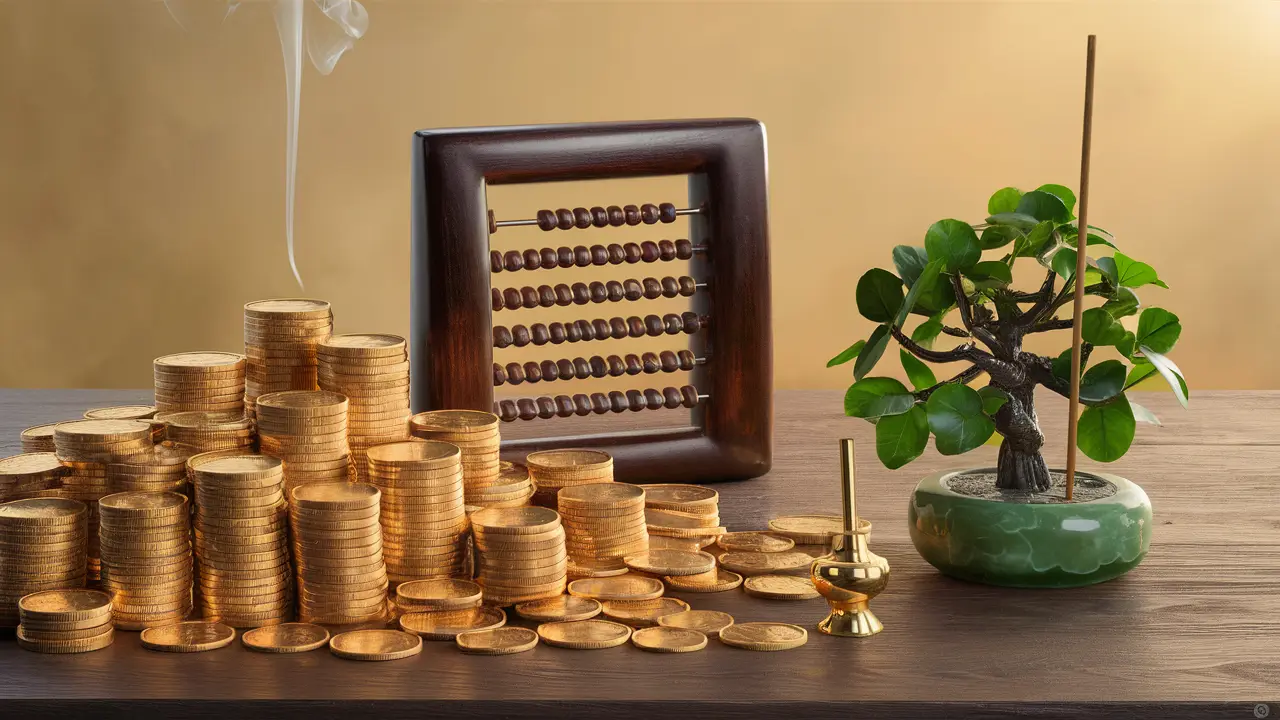 Moedas de ouro empilhadas, um ábaco, uma planta de jade e um incensário de latão com fumaça em uma mesa de madeira.