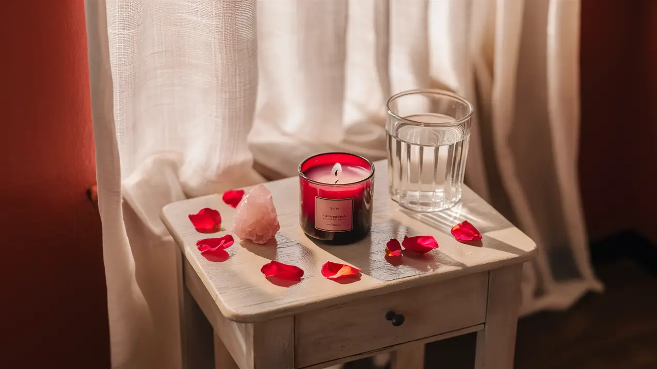 Mesa com vela vermelha, cristal de quartzo rosa, pétalas de rosa e copo d'água, cortina branca ao fundo.