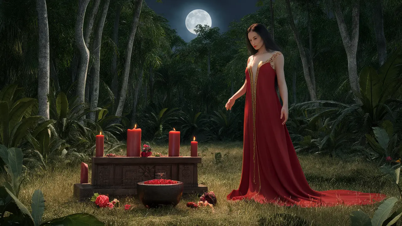 Mulher em vestido vermelho com bordado dourado ao lado de altar com velas, tigela de cerâmica e flores coloridas em floresta tropical.