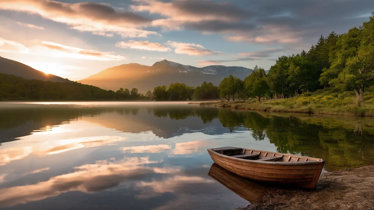 Paisagem tranquila ao amanhecer com lago sereno, árvores verdes e montanhas ao fundo, barco de madeira flutuando.