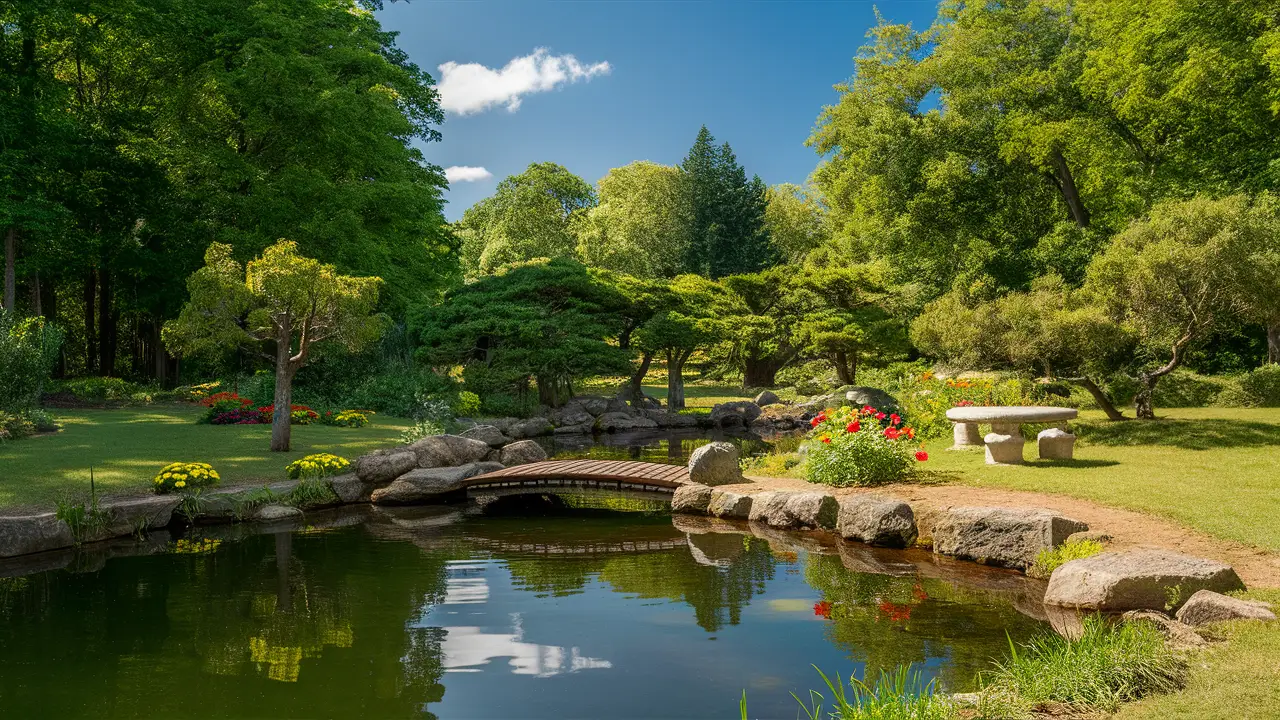 Ponte de madeira sobre um lago sereno em um jardim com árvores verdes e flores coloridas.