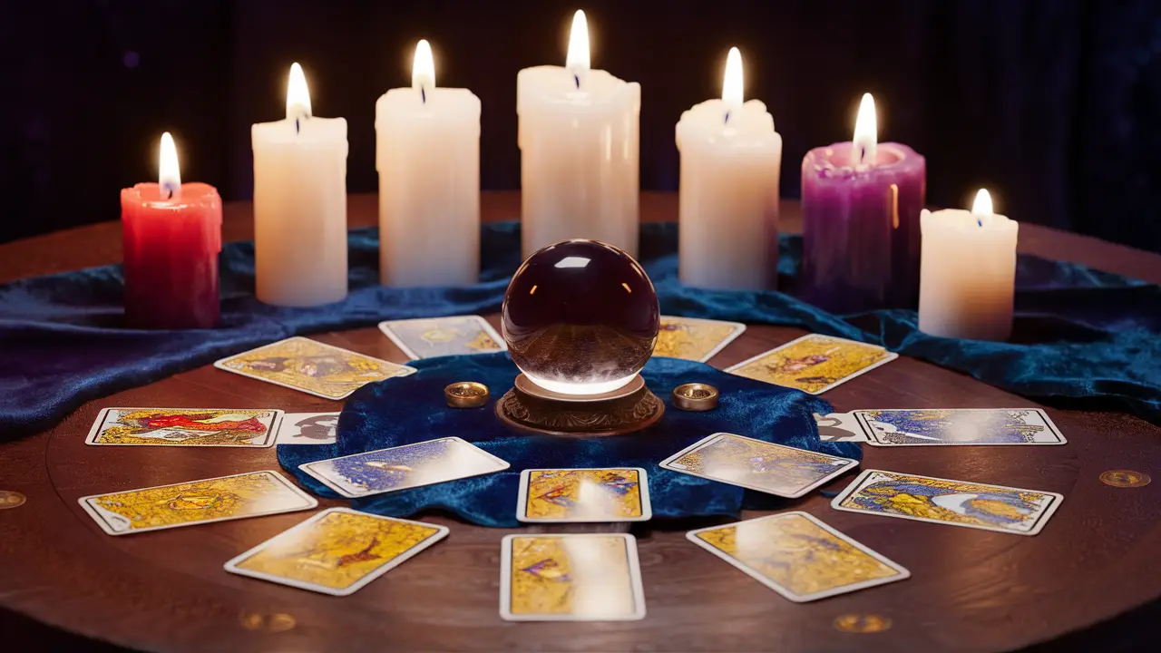 Cartas de tarô em uma mesa de madeira com bola de cristal e velas acesas sobre tecido azul escuro.