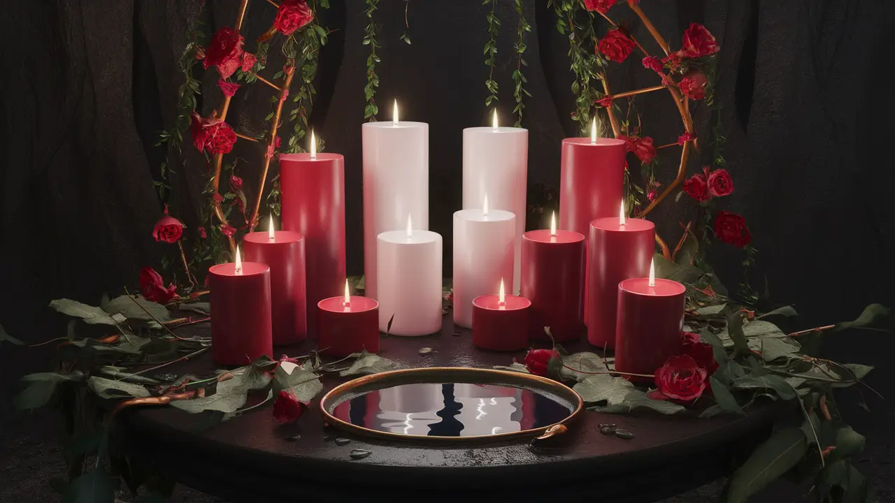 Altar de amor com velas vermelhas e brancas, pétalas de rosa, folhas verdes e tigela de cerâmica com água.