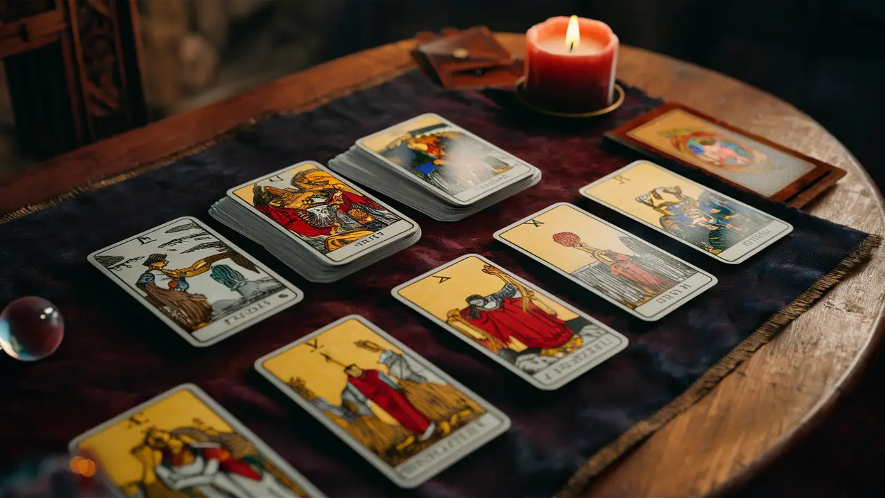 Cartas de Tarô de Marselha em mesa de madeira com vela acesa e bola de cristal pequena ao lado.