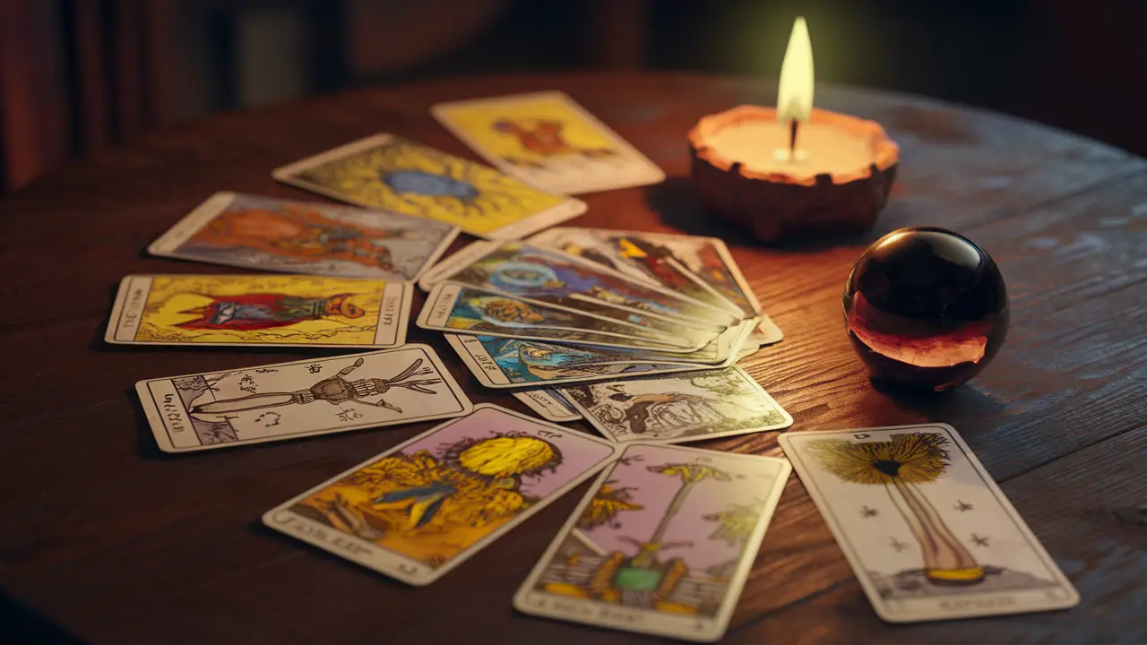 Cartas de tarot coloridas espalhadas em uma mesa de madeira ao lado de uma bola de cristal e uma vela acesa.