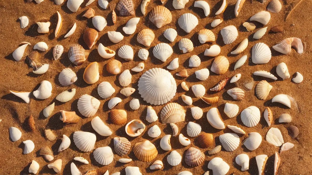 Conchas de tamanhos e formas variadas em uma praia ensolarada, meticulosamente dispostas na areia.