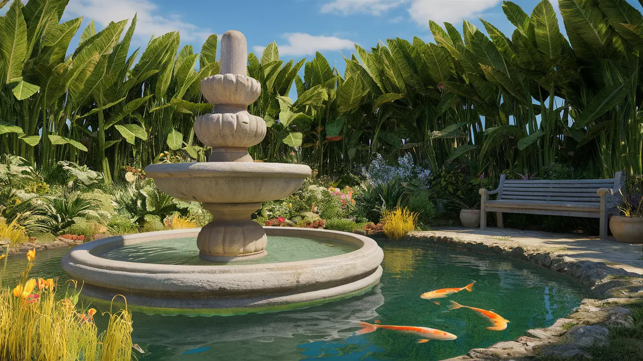 Fonte de pedra no jardim cercada por plantas e flores, banco de madeira à direita e lagoa com peixes ao lado.