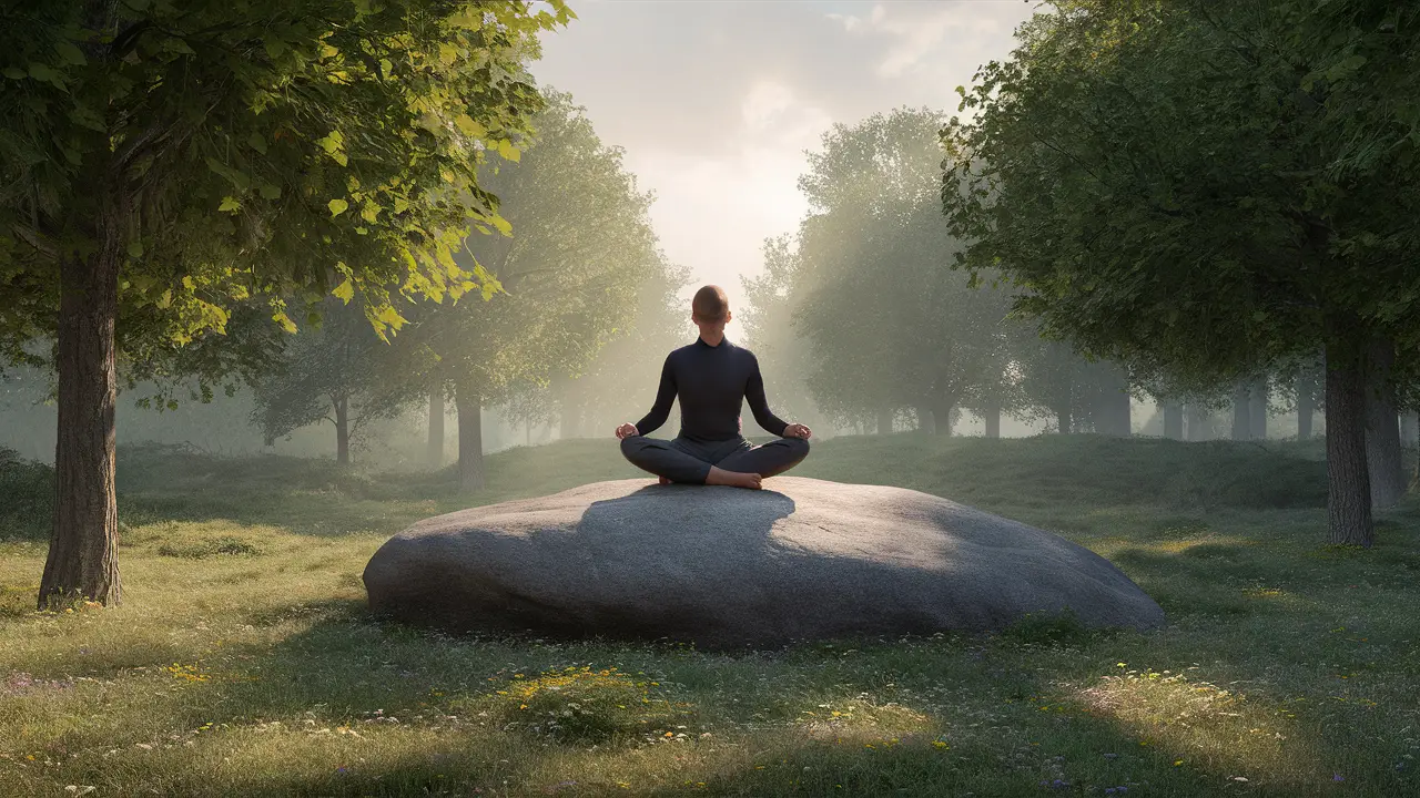 Pessoa sentada meditando em uma rocha em uma clareira da floresta com luz suave do nascer do sol e flores selvagens ao redor.