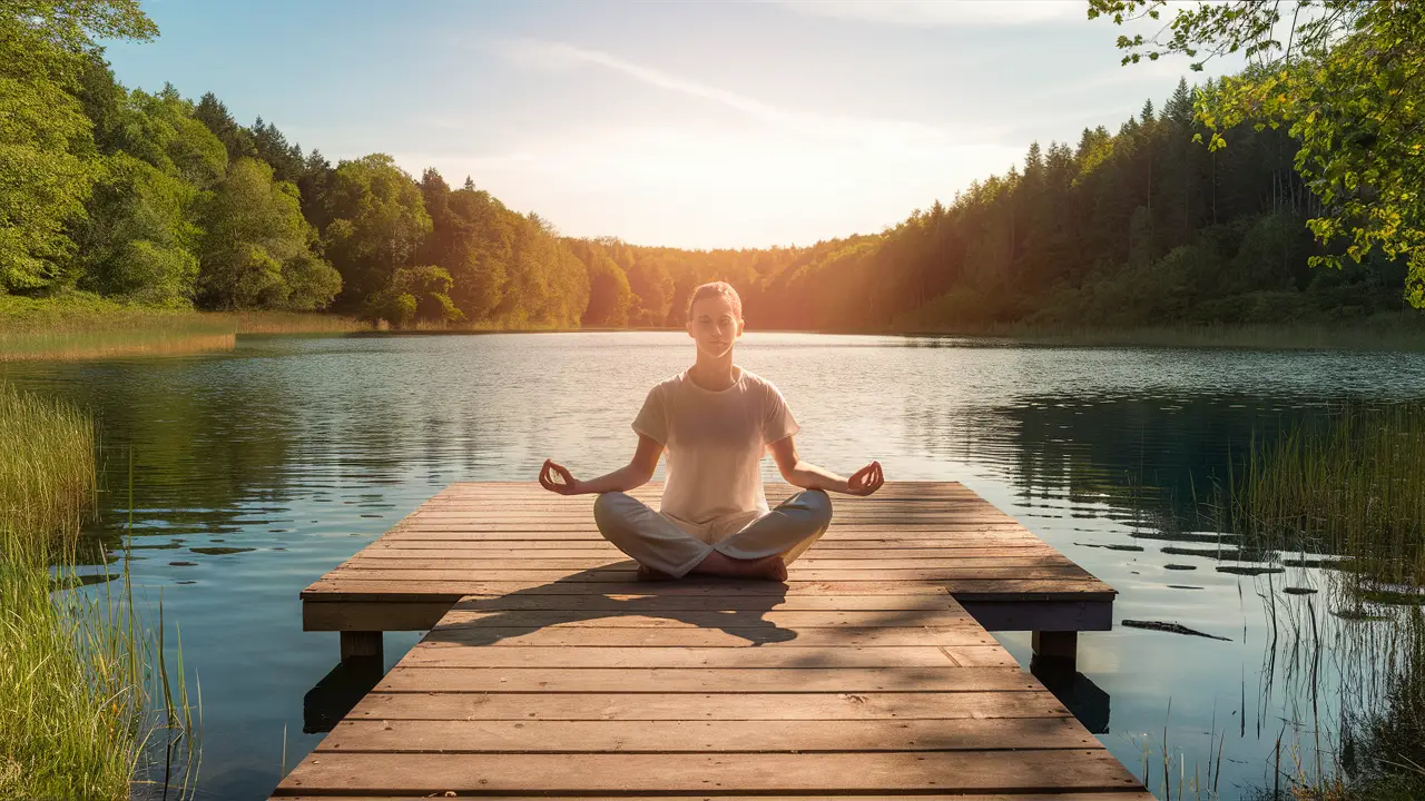 Pessoa meditando em um pequeno cais de madeira em um lago sereno, cercado por floresta verde sob um céu limpo ao pôr do sol.