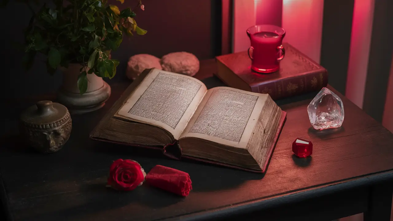 Mesa de madeira com livro antigo aberto, vela vermelha acesa, cristal pequeno e rosa vermelha sob luz suave.