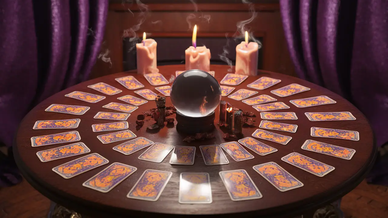 Mesa redonda com cartas de tarô coloridas, bola de cristal no centro, incenso aceso e velas em uma sala com cortinas roxas.