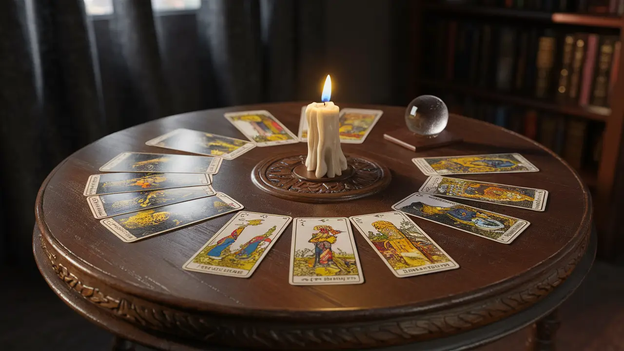 Mesa redonda de madeira com cartas de tarô, vela acesa e bola de cristal em sala iluminada suavemente.