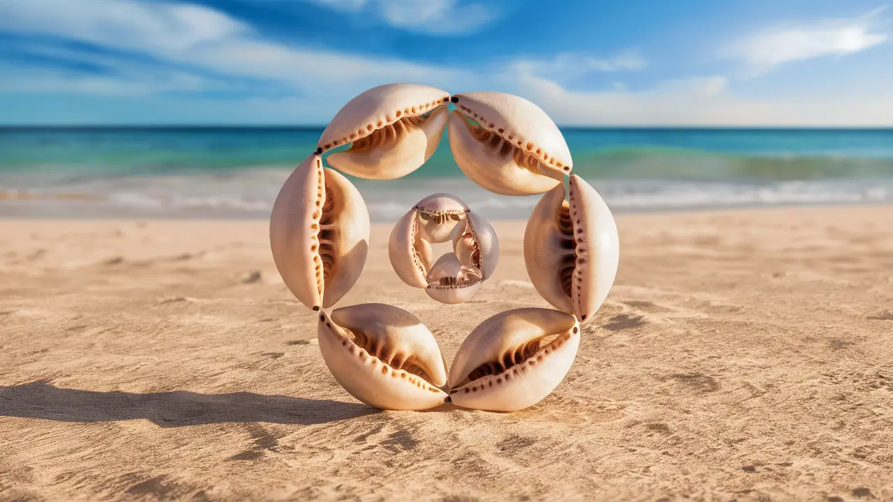 Padrão circular de conchas de búzios em espiral na areia da praia com ondas suaves ao fundo.