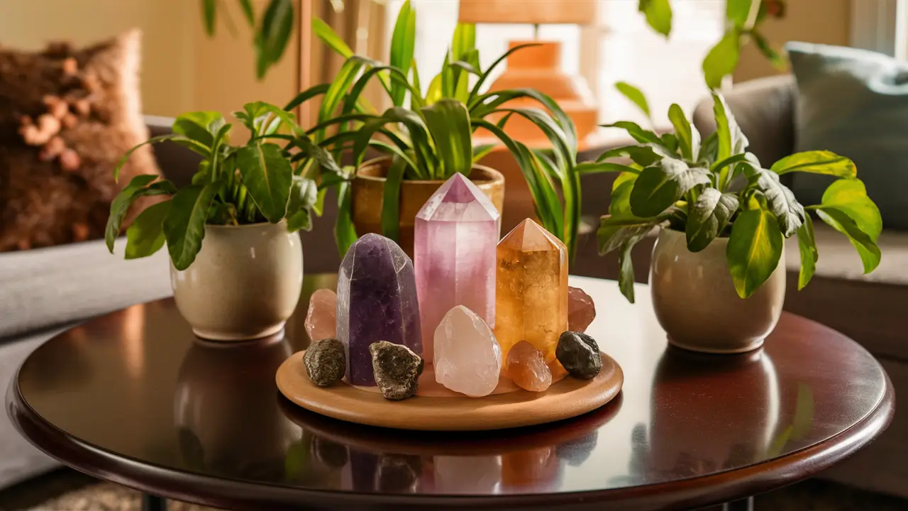Pedras e cristais sobre mesa de madeira, com plantas em vasos, em sala iluminada suavemente.