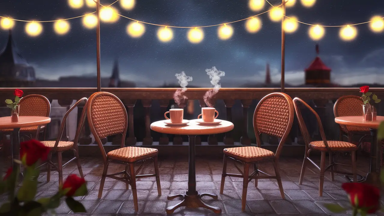 Terraço de café à noite com mesa redonda, duas xícaras de café e rosas vermelhas, iluminado por luzes amarelas.