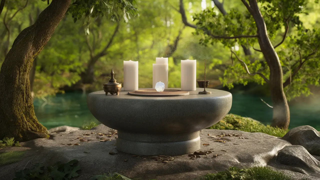 Altar de pedra com velas brancas, orbe de cristal e incensário de bronze em uma clareira de floresta iluminada pelo sol.