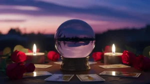 Bola de cristal sobre mesa de madeira, cercada por velas acesas, rosas vermelhas e cartas de tarô ao entardecer.