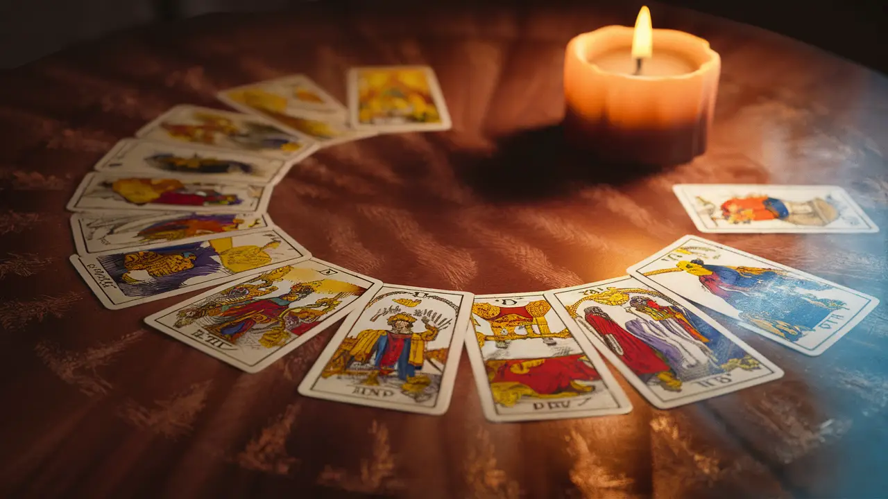 Cartas de Tarô de Marselha dispostas em semicírculo com uma vela acesa ao lado em uma mesa de madeira.