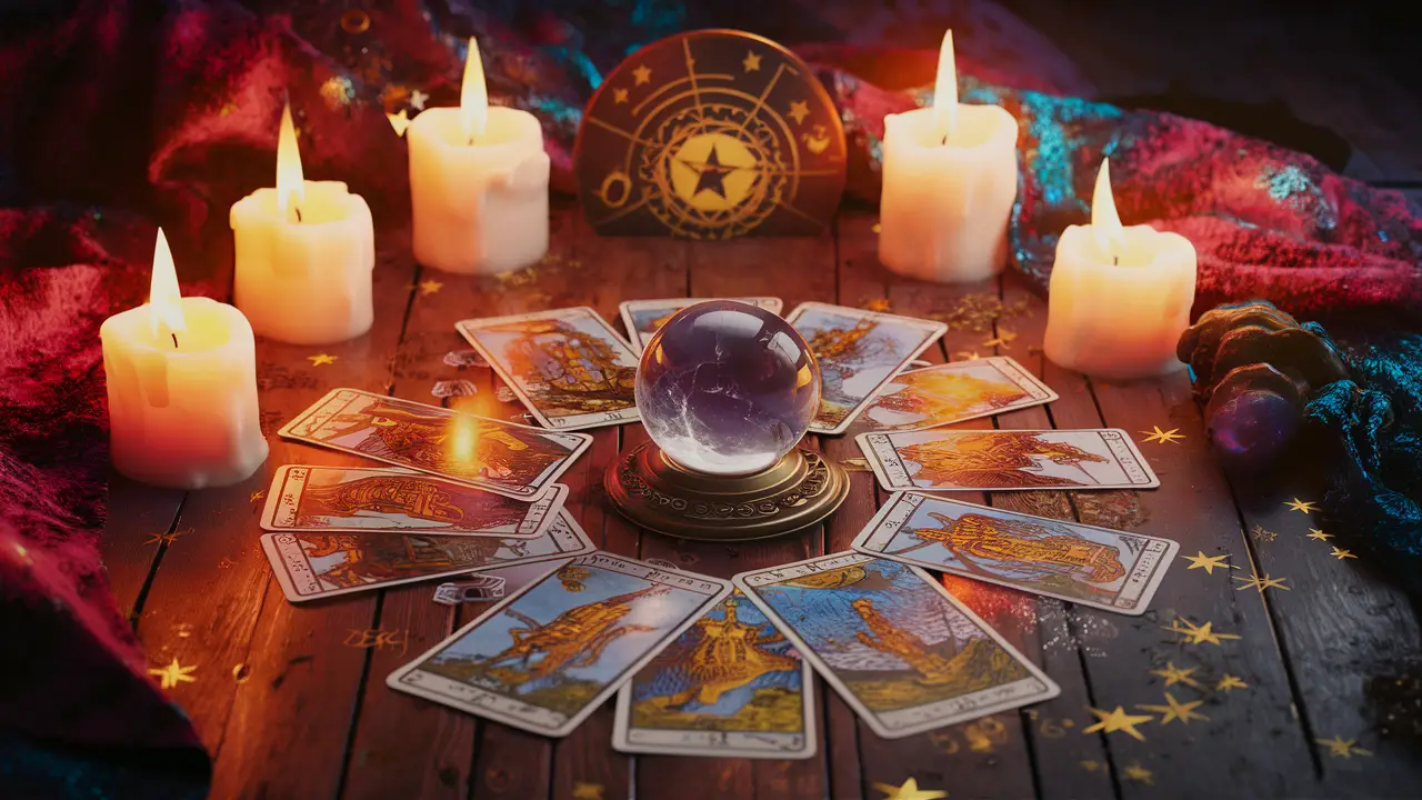 Cartas de tarô espalhadas em mesa de madeira com velas acesas e bola de cristal cercadas por tecido colorido e estrelas.