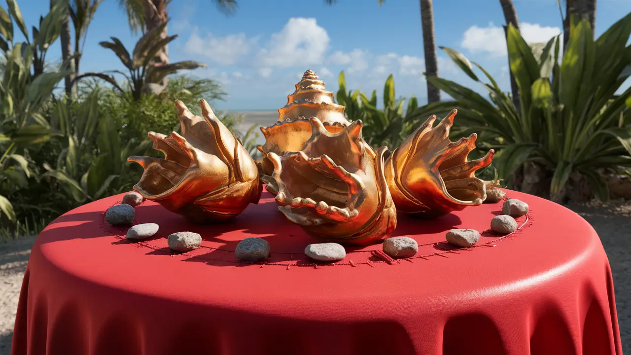 Mesa redonda com conchas douradas e pedras pequenas, cercada por plantas tropicais sob céu azul claro.