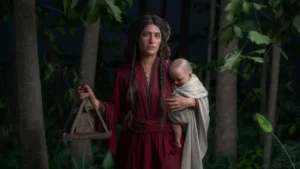 Mulher com vestido vermelho segurando vela e espelho em floresta noturna com névoa.