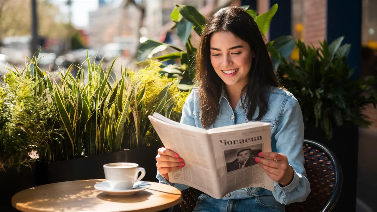 Mulher jovem lendo a coluna de horóscopo em um café com plantas e café quente em dia ensolarado.