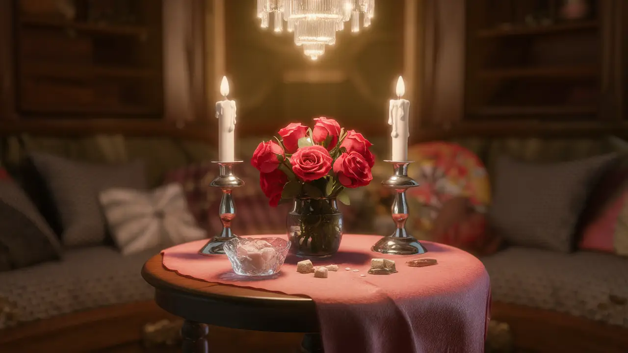 Quarto aconchegante com mesa redonda de madeira, rosas vermelhas, castiçais prateados e tigela de cristal com cubos de açúcar.