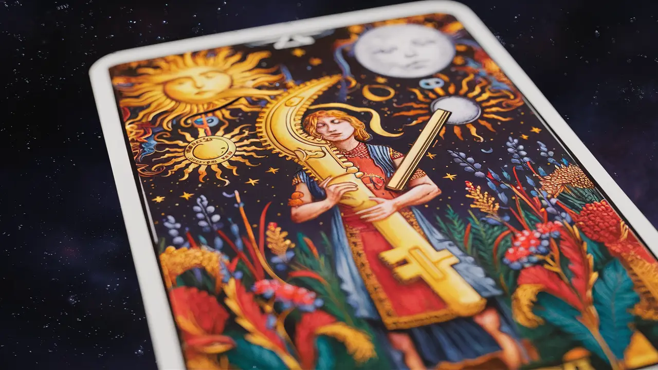Tarot detalhado com figura central segurando chave dourada, símbolos do sol e lua em jardim místico, céu estrelado ao fundo.