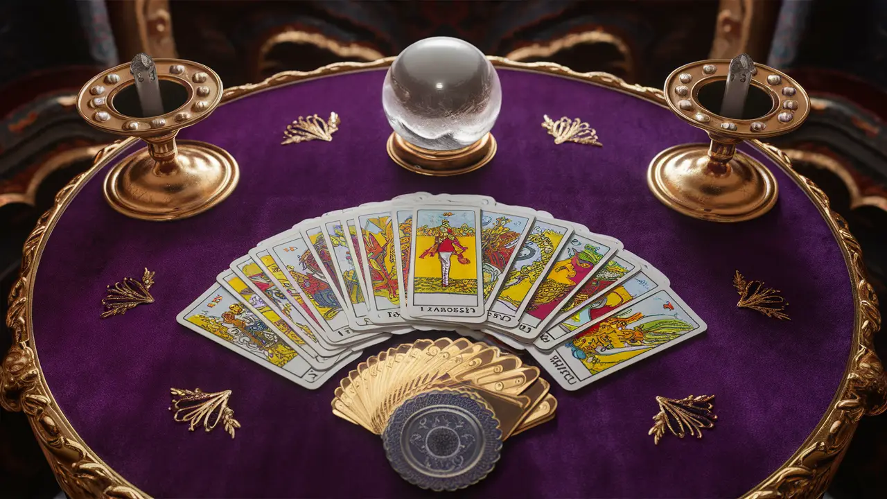 Baralho de Tarot de Marselha espalhado em leque sobre uma mesa com toalha de veludo roxa e bola de cristal no centro.