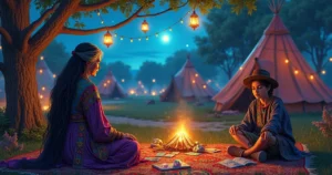 Uma cena mística de um acampamento cigano ao crepúsculo, com mulher sábia, lanternas e histórias.