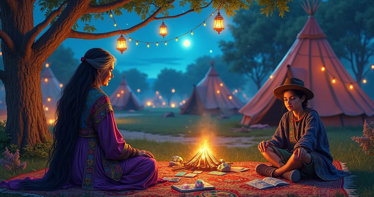 Uma cena mística de um acampamento cigano ao crepúsculo, com mulher sábia, lanternas e histórias.