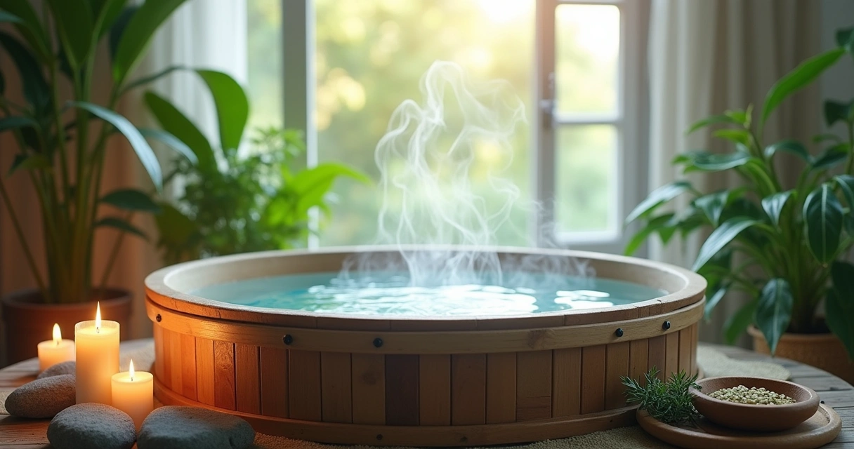 Ambiente sereno de spa com banheira de madeira, plantas, velas, ervas e vista de jardim.
