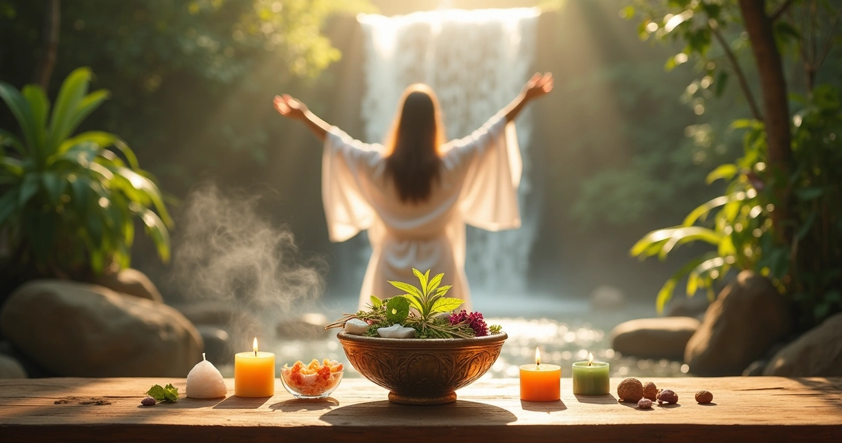 Ambiente de spa com ervas, cristais e velas, remetendo à proteção e limpeza espiritual em um cenário de tranquilidade.