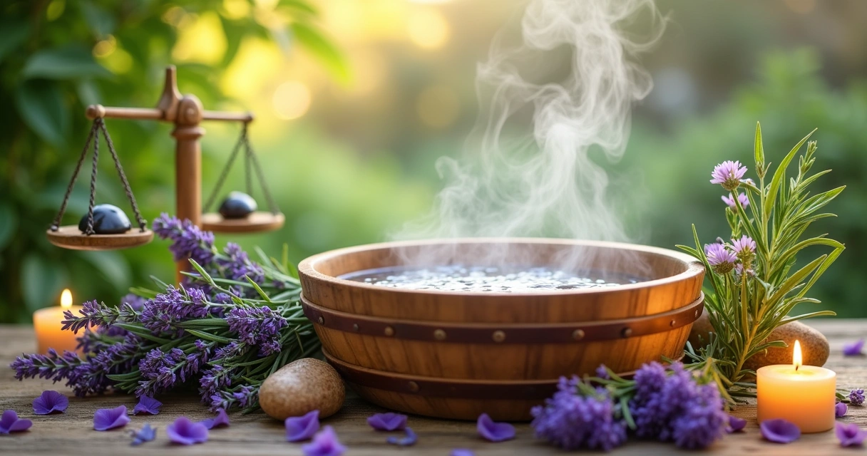 Banheira de ervas com água quente, cercada por lavanda e flores em um ambiente tranquilo e sereno.