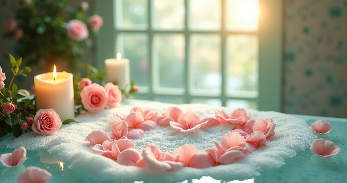 Banheiro relaxante com banheira, velas, flores e essências, transmitindo amor e tranquilidade.