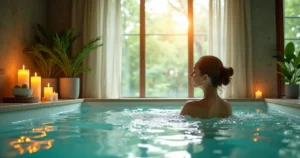 Pessoa relaxando em banheira cheia de ervas aromáticas, com velas e cristais ao redor, ambiente sereno.