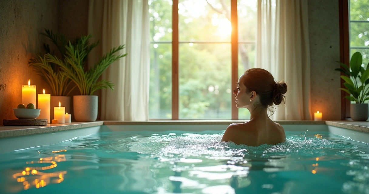 Pessoa relaxando em banheira cheia de ervas aromáticas, com velas e cristais ao redor, ambiente sereno.