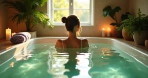 Mulher relaxando em uma banheira cheia de essências relaxantes em um ambiente de spa tranquilo.