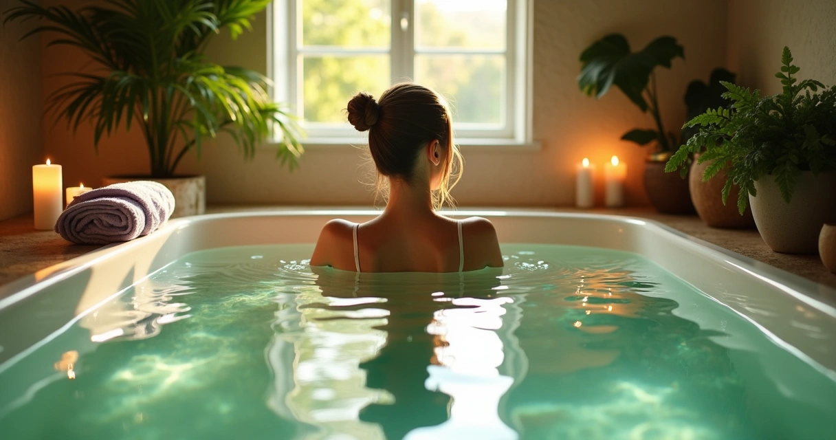 Mulher relaxando em uma banheira cheia de essências relaxantes em um ambiente de spa tranquilo.