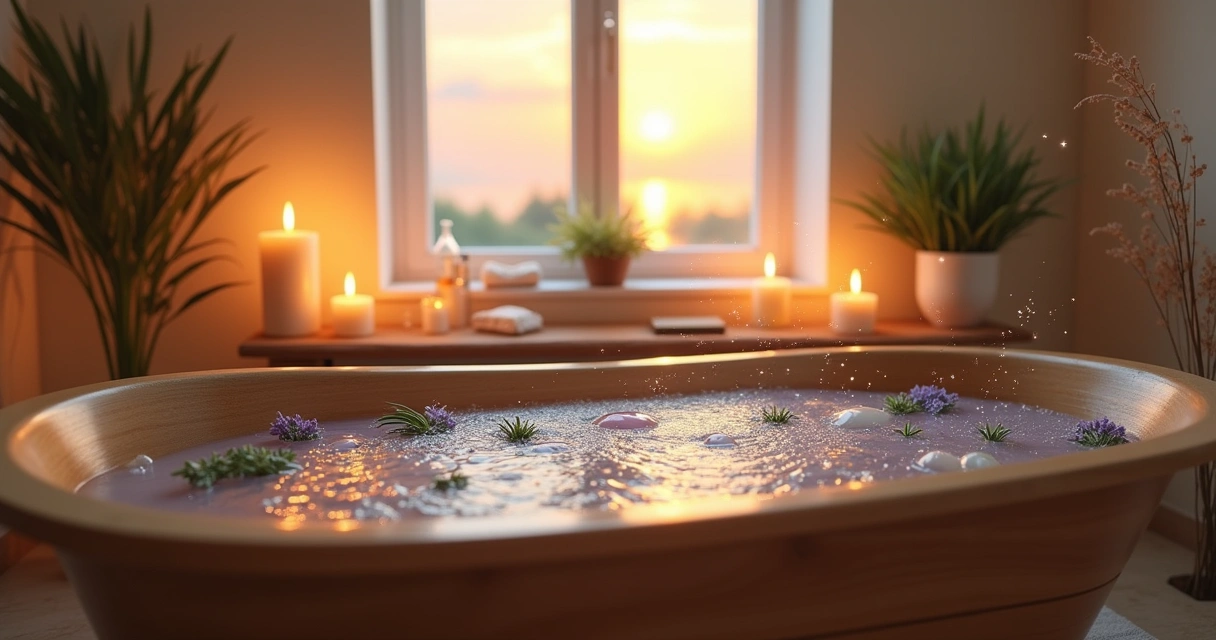 Banheiro sereno com banheira de madeira, água cintilante, velas e ervas flutuantes para limpeza energética.