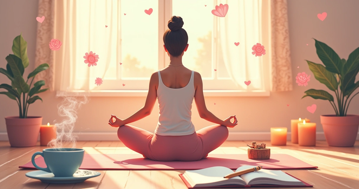 Ambiente sereno e aconchegante com mulher meditando, velas, chá e um diário, simbolizando autocuidado.