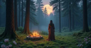 Cena mágica de uma mulher praticando rituais de Wicca em uma floresta à luz da lua.