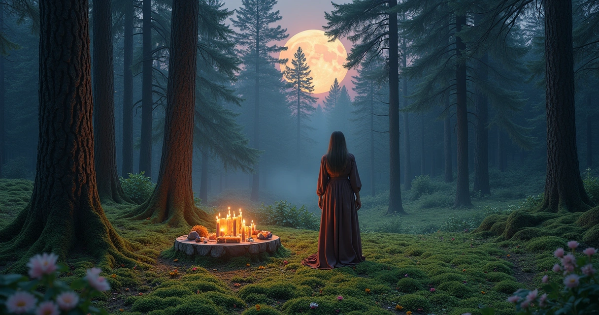 Cena mágica de uma mulher praticando rituais de Wicca em uma floresta à luz da lua.