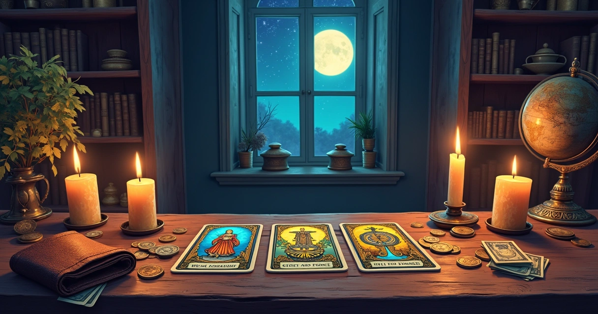 Cenário mágico de leitura de tarô com cartas, finanças e ambiente suave à luz de velas.