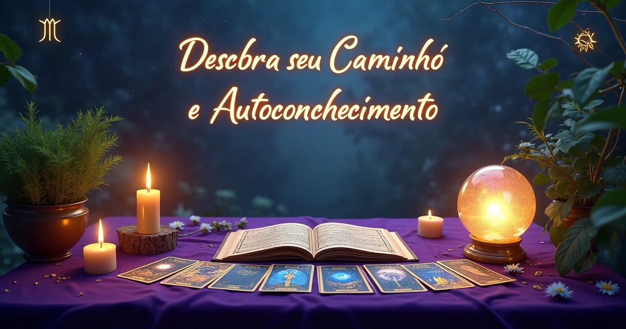 Configuração mágica de leitura de tarô com cartas, cristal e velas em um fundo de céu estrelado.