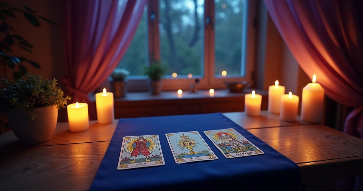 Leitura de tarô mística com cartas na mesa, velas acesas e uma janela para o céu estrelado.
