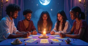 Leitura de tarô em um ambiente místico com velas, cartas de tarô e um grupo multicultural.